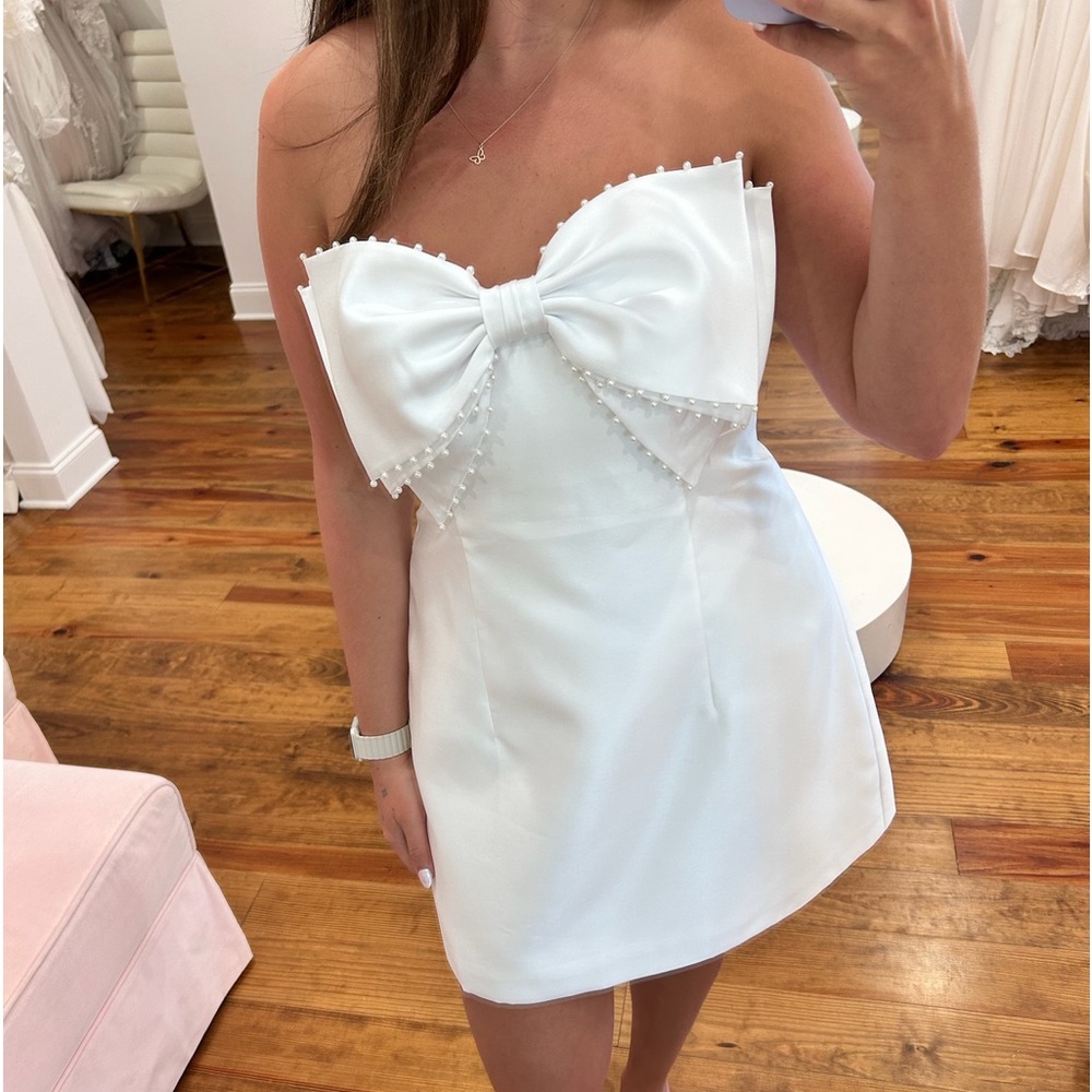 Alfred Sung Bow Strapless Little White Mini Dress with Pearl Accents